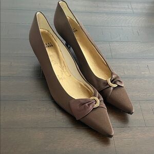 Stuart Weitzman Brown Heels with Gold Bow Accent